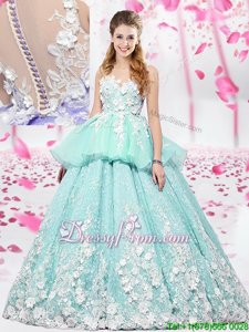 Flirting Apple Green Organza and Tulle Lace Up Sweet 16 Quinceanera Dress Sleeveless Floor Length Lace and Appliques