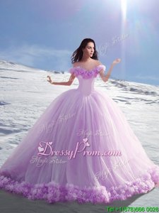 Dramatic Lavender Ball Gowns Hand Made Flower Quinceanera Dresses Lace Up Tulle Cap Sleeves