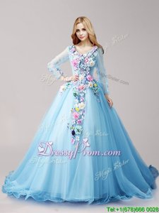 Luxurious Baby Blue Sweet 16 Dresses Military Ball and Sweet 16 and Quinceanera and For withHand Made Flower V-neck Long Sleeves Brush Train Lace Up