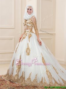 Pretty White Quinceanera Dresses Tulle Sweep Train 3|4 Length Sleeve Spring and Summer and Fall and Winter Appliques