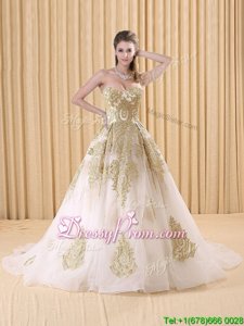Fine Sweetheart Sleeveless Sweep Train Lace Up Ball Gown Prom Dress White Organza