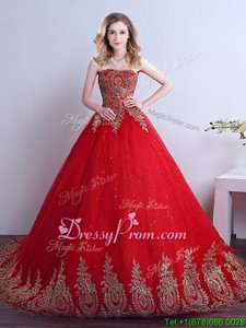 High Class Strapless Sleeveless Court Train Lace Up 15 Quinceanera Dress Red Tulle