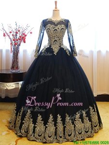 Chic Navy Blue Ball Gowns Scoop Sleeveless Tulle Floor Length Lace Up Appliques Quinceanera Dresses
