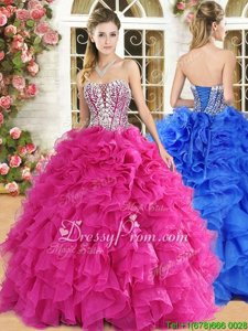 Hot Pink Ball Gowns Organza Strapless Sleeveless Lace and Ruffles Floor Length Lace Up Ball Gown Prom Dress