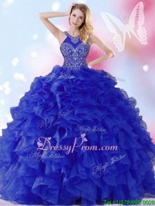 Traditional Ball Gowns Quinceanera Gowns Royal Blue Halter Top Organza Sleeveless Floor Length Lace Up