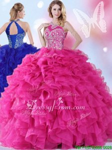 Romantic Halter Top Sleeveless Lace Up Sweet 16 Dress Hot Pink Organza