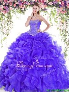 Classical Purple Lace Up Quinceanera Gowns Beading and Ruffles Sleeveless Sweep Train