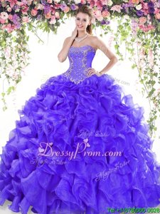 Classical Purple Lace Up Quinceanera Gowns Beading and Ruffles Sleeveless Sweep Train