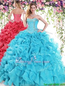 Flare Sleeveless Beading and Ruffles Lace Up Quinceanera Dresses with Baby Blue Sweep Train