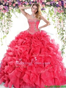 Decent Sleeveless Organza Sweep Train Lace Up Sweet 16 Dress inRed forSpring and Summer and Fall and Winter withBeading and Ruffles