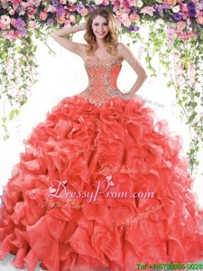 Artistic Red Ball Gowns Beading and Ruffles Quince Ball Gowns Lace Up Organza Sleeveless