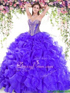 Glittering Purple Sweetheart Lace Up Beading and Ruffles Quinceanera Gown Sweep Train Sleeveless