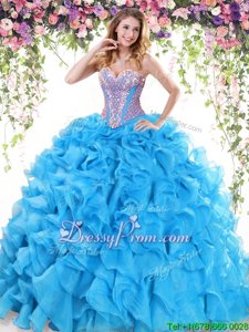 Traditional Sweep Train Ball Gowns 15th Birthday Dress Baby Blue Sweetheart Organza Sleeveless Lace Up