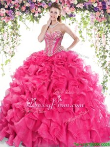 Custom Designed Sweetheart Sleeveless Organza Vestidos de Quinceanera Beading and Ruffles Sweep Train Lace Up