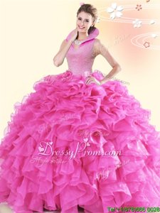 Sumptuous Hot Pink Organza Backless High-neck Sleeveless Floor Length Quinceanera Gown Beading and Ruffles