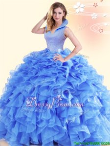 Dazzling Blue Sleeveless Floor Length Beading and Ruffles Backless 15 Quinceanera Dress
