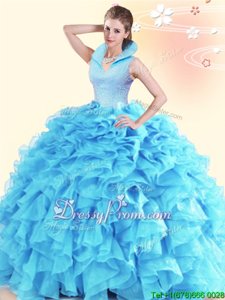 Deluxe Spring and Summer and Fall and Winter Organza Sleeveless Floor Length Sweet 16 Dresses andBeading and Ruffles