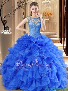 Sexy Scoop Sleeveless Quinceanera Dresses Floor Length Beading and Ruffles Royal Blue Organza