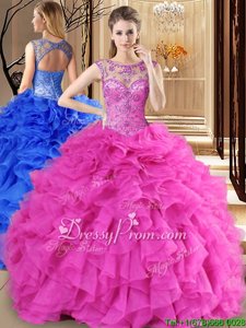 Fabulous Scoop Sleeveless Quinceanera Gown Floor Length Beading and Ruffles Hot Pink Organza