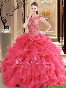 Luxury Coral Red Sleeveless Organza Lace Up 15th Birthday Dress forMilitary Ball and Sweet 16 and Quinceanera