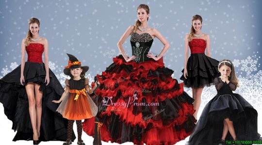 Dazzling Sleeveless Satin and Organza Floor Length Lace Up Sweet 16 Dress inRed And Black forSpring and Summer and Fall and Winter withBeading and Ruffled Layers