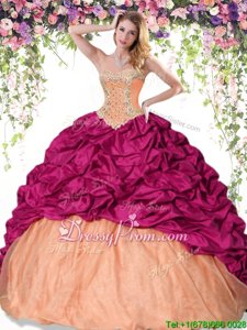 Top Selling Red and Orange Taffeta Lace Up Sweetheart Sleeveless Floor Length Quinceanera Gowns Beading and Pick Ups