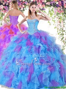 Sweet Baby Blue and Purple Organza Lace Up Sweetheart Sleeveless Floor Length Ball Gown Prom Dress Beading and Ruffles