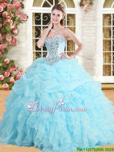 Top Selling Baby Blue Lace Up Sweetheart Appliques and Ruffles and Pick Ups Sweet 16 Dresses Organza Sleeveless
