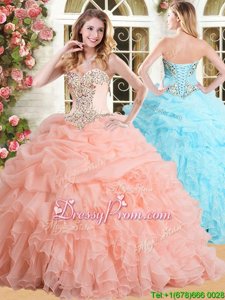 Customized Peach Sleeveless Organza Lace Up Quinceanera Dress forMilitary Ball and Sweet 16 and Quinceanera