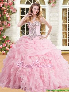 Gorgeous Baby Pink Lace Up Sweetheart Appliques and Ruffles and Pick Ups Quinceanera Gown Organza Sleeveless