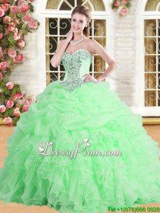 Affordable Sleeveless Floor Length Appliques and Ruffles and Pick Ups Lace Up Quinceanera Gown with Spring Green