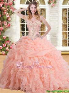Simple Floor Length Peach Quinceanera Dress Sweetheart Sleeveless Lace Up