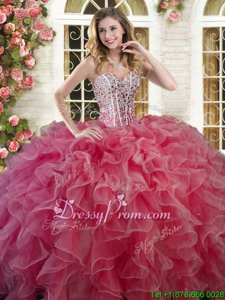 Customized Sleeveless Organza Floor Length Lace Up Quinceanera Dress inCoral Red forSpring and Summer and Fall and Winter withBeading and Ruffles