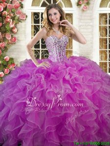 Custom Made Sleeveless Organza Floor Length Lace Up Quinceanera Dress inLilac forSummer and Fall and Winter withBeading and Ruffles