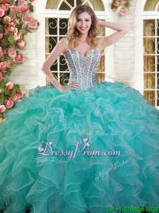 Delicate Beading and Ruffles Sweet 16 Dress Aqua Blue and Green Lace Up Sleeveless Floor Length