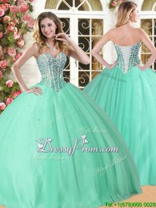 Sophisticated Apple Green Tulle Lace Up Sweetheart Sleeveless Floor Length 15 Quinceanera Dress Beading