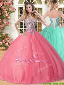 Fashionable Floor Length Lace Up 15 Quinceanera Dress Coral Red and In forMilitary Ball and Sweet 16 and Quinceanera withBeading