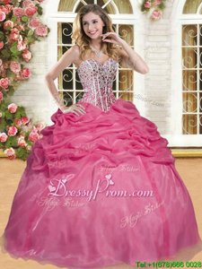 Coral Red Ball Gowns Organza Sweetheart Sleeveless Beading and Pick Ups Floor Length Lace Up Vestidos de Quinceanera