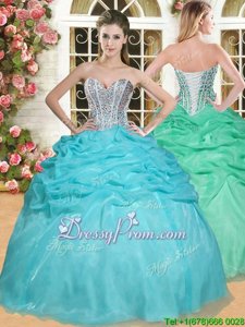 Smart Sweetheart Sleeveless 15th Birthday Dress Floor Length Beading and Pick Ups Aqua Blue Organza