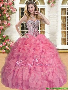 Fashion Pink Organza Lace Up Quinceanera Dress Sleeveless Floor Length Beading and Ruffles