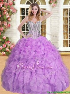 On Sale Lavender Organza Lace Up Vestidos de Quinceanera Sleeveless Floor Length Beading and Ruffles