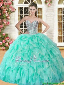 Sleeveless Floor Length Beading and Ruffles Lace Up Sweet 16 Dresses with Apple Green