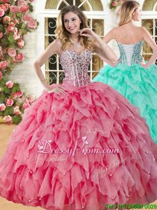Dazzling Coral Red Quinceanera Gowns Military Ball and Sweet 16 and Quinceanera and For withBeading and Ruffles Sweetheart Sleeveless Lace Up