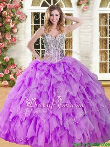 Pretty Eggplant Purple Sleeveless Floor Length Beading and Ruffles Lace Up 15 Quinceanera Dress