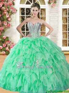 Pretty Spring Green Ball Gowns Organza Sweetheart Sleeveless Beading and Ruffles Floor Length Lace Up Sweet 16 Dresses