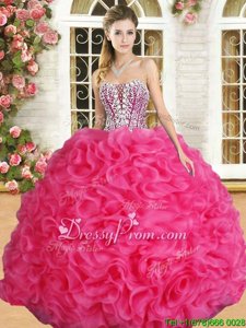 Low Price Floor Length Hot Pink Sweet 16 Quinceanera Dress Organza Sleeveless Spring and Summer and Fall and Winter Beading and Ruffles
