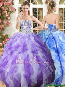 Adorable Sleeveless Floor Length Beading and Ruffles Lace Up Quince Ball Gowns with White and Purple