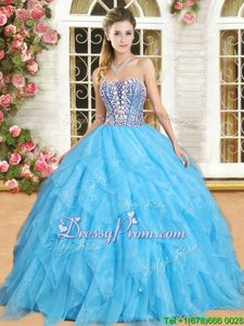 Sophisticated Organza Sweetheart Sleeveless Lace Up Beading and Ruffles Quince Ball Gowns inAqua Blue