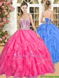 Cheap Organza Sweetheart Sleeveless Lace Up Beading and Ruffles Sweet 16 Dress inHot Pink