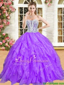 Attractive Sleeveless Organza Floor Length Lace Up Ball Gown Prom Dress inPurple forSpring and Summer and Fall and Winter withBeading and Ruffles
